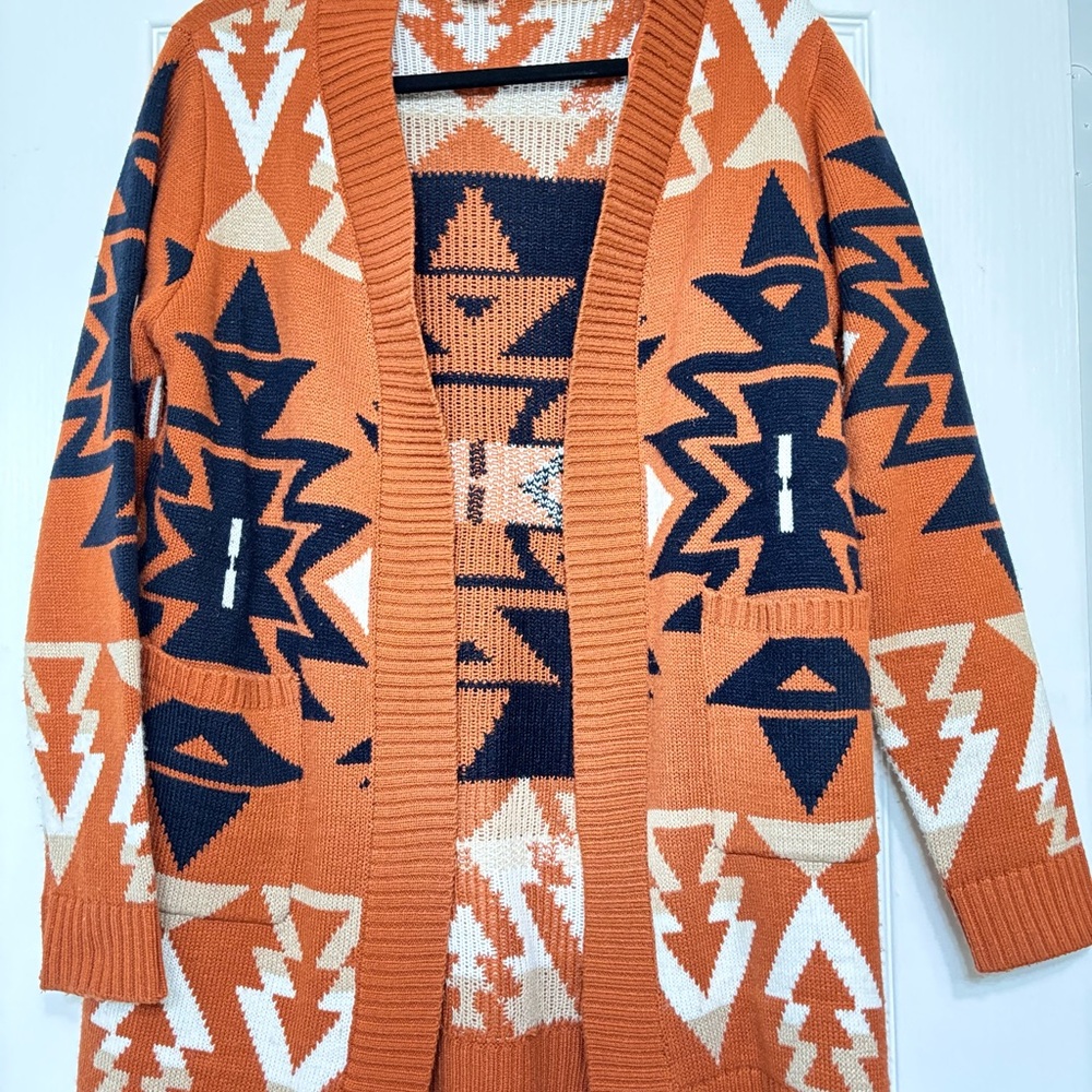 Cato Orange and Navy Geometric Cardigan - Picture 5 of 8